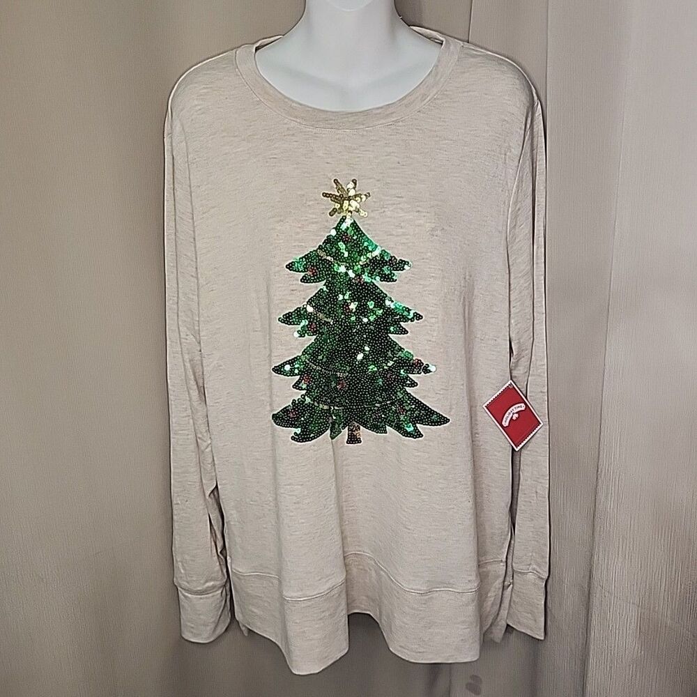 Holiday Time Long Sleeve T-Shirt Beige Green Sequin Christmas Tree Relaxed XL